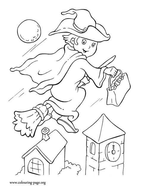 Halloween - Halloween witch riding her broom coloring page