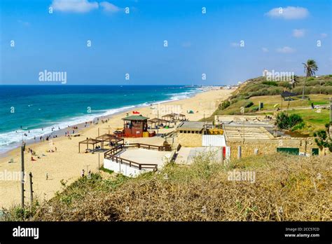 Ashkelon, Israel - August 12, 2020: View of the Mediterranean beach of Ashkelon National Park ...