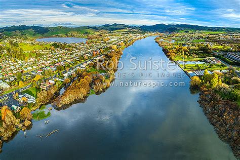 Huntly township on the Waikato River. Lake Hakahoa at left. Aerial view, Huntly, Waikato ...