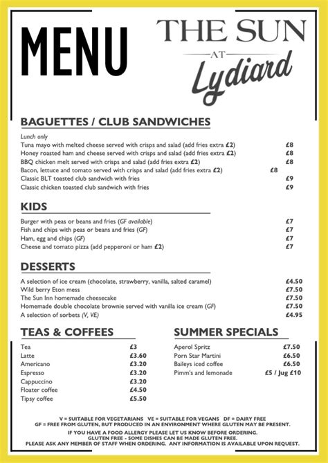 Main Menu - The Sun Inn Lydiard