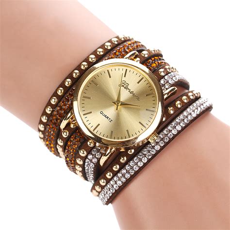 Fashion Multilayer Leather Band Rivets Bracelet Watch Women Rhinestone ...