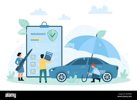 Car insurance vector illustration. Cartoon tiny people holding umbrella to protect vehicle from ...