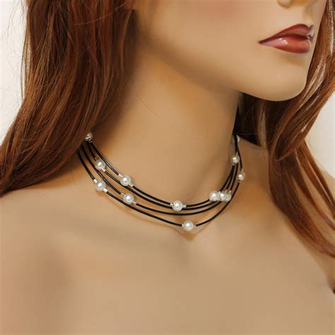 Multi Strand Black Leather Pearl Choker Necklace - Jewelshart Inc