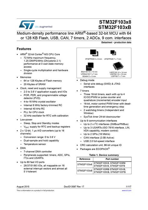 Datasheet STM32F103x8, STM32F103xB STMicroelectronics - Просмотр и загрузка