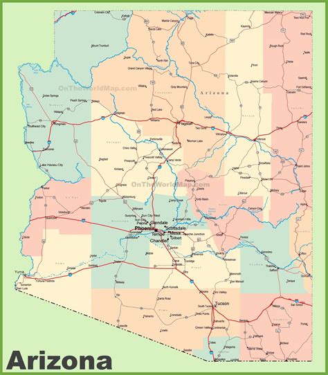 Arizona road map with cities and towns | Arizona map, Map, Phoenix ...