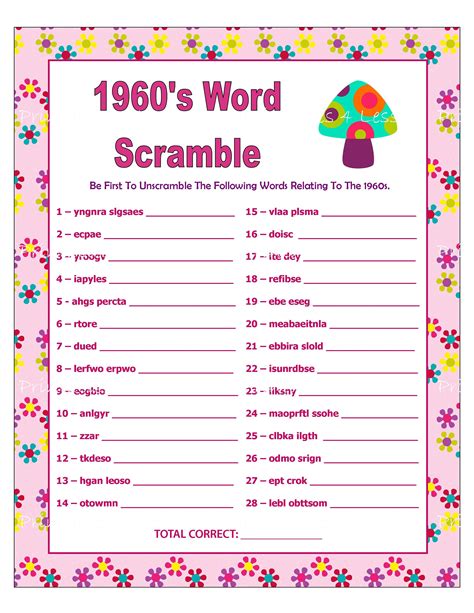 1960s Word Scramble Game Retro Party Game DIY Printable Word | Etsy