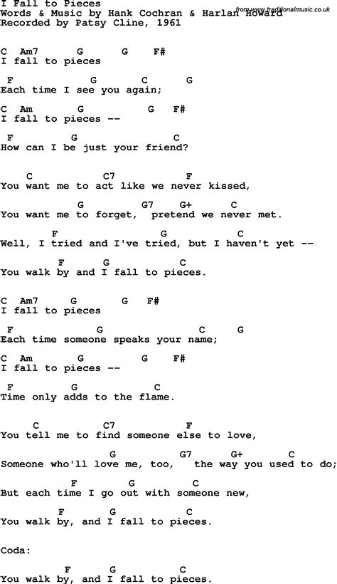 Song lyrics with guitar chords for I Fall To Pieces - Patsy Cline, 1961