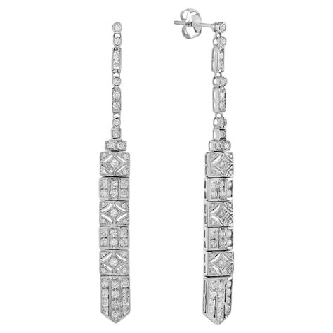 Art Deco Style Engraved Jade Emeralds 14K White Gold Diamonds Dangle Earrings For Sale at 1stDibs