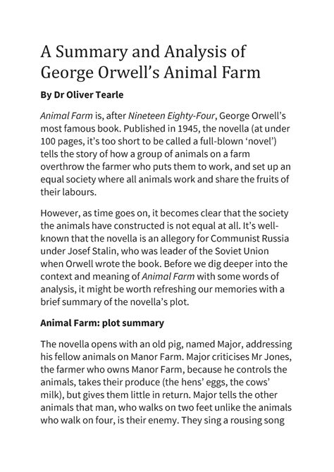 Animal farm - A Summary and Analysis of George Orwell’s Animal Farm By Dr Oliver Tearle Animal ...