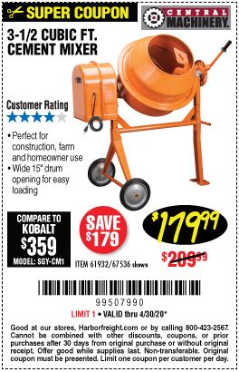 CENTRAL MACHINERY 3-1/2 Cubic Ft. Cement Mixer for $179.99