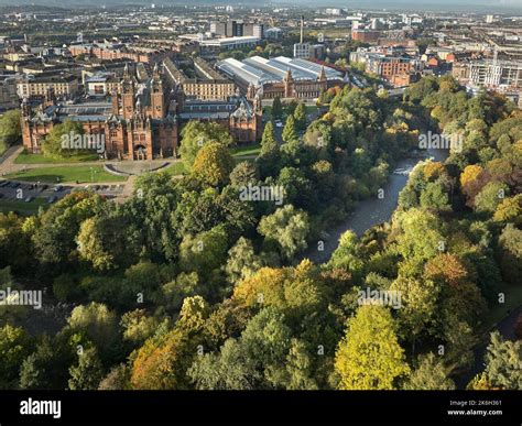 Aerial view of Kelvingrove Art Gallery and Museum with Kelvingrove Park and the River Kelvin ...