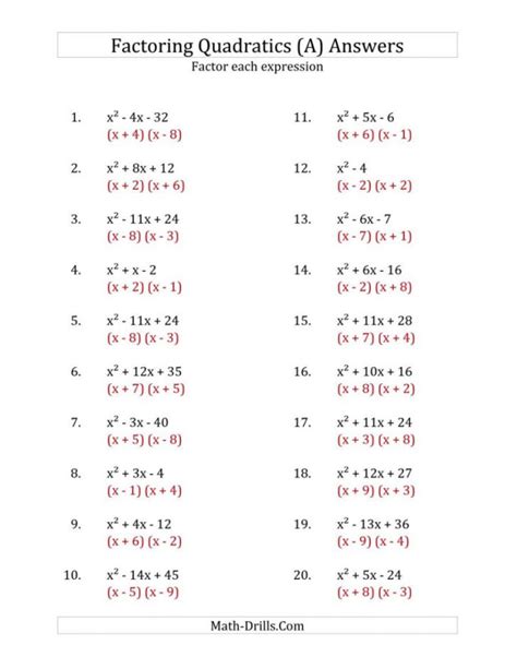 Factoring Trinomials Worksheet A Not 1