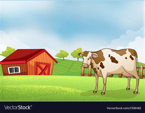 A cow in the farm with barn house Royalty Free Vector Image