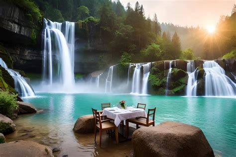 Premium AI Image | a table and chairs in front of a waterfall with a view of a waterfall.
