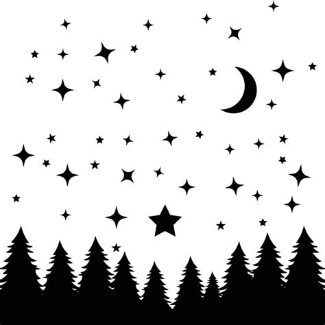 Starry night sky silhouette with stars, moon, and pine trees 12104183 ...