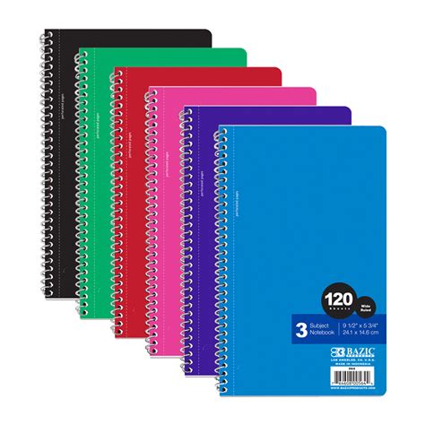 BAZIC Notebook Wide Ruled 3 Subject Spiral 120 Sheets Spiral Notebooks ...