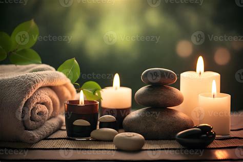 Beauty spa treatment and relax concept. Hot stone massage setting lit by candles. Neural network ...