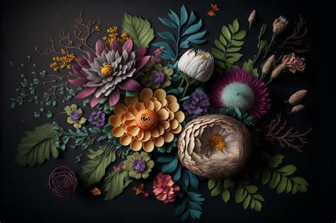 Free Photo | Assortment of leaves and flowers on dark background