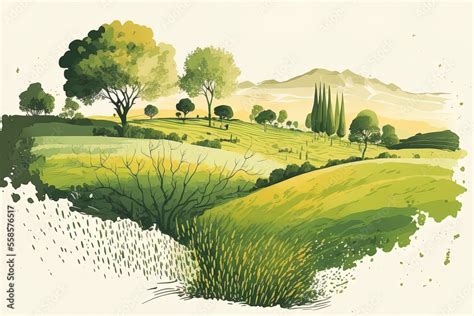 A drawing Field of lush grass on gentle slopes. Pasturage, grassland, pommel, lea, alkali, lye ...