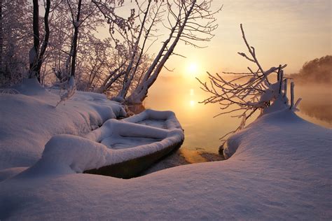 landscape, Nature, Winter, Sunset, Snow, Lake, Boat, Frost, Trees, Mist ...