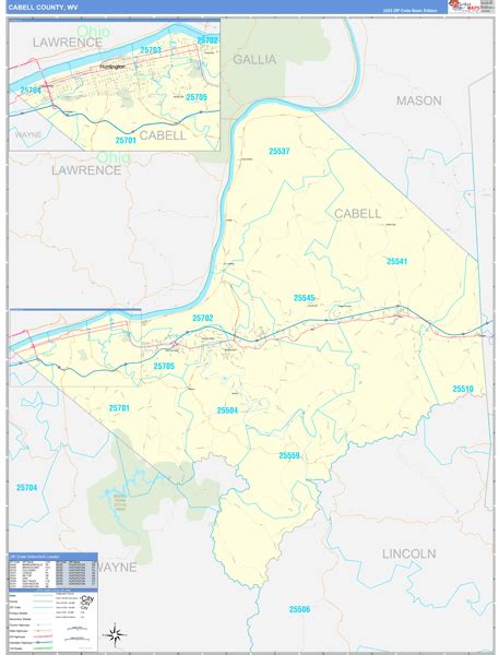 Cabell County, WV Zip Code Wall Map Basic Style by MarketMAPS - MapSales