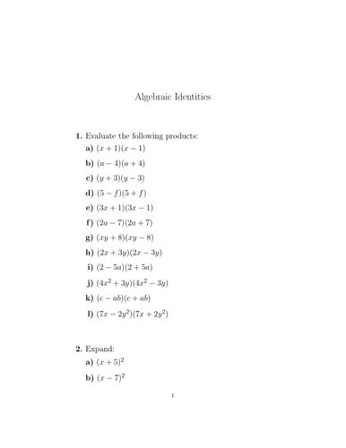 Algebraic Identities worksheet (with solutions) | Teaching Resources