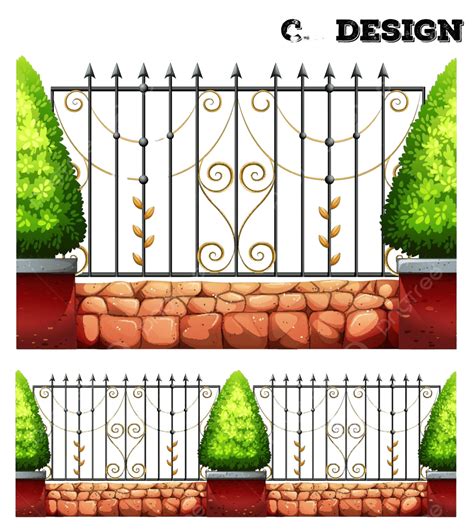 Seamless Metal Fence Design With Bushes Gaming Edge Drawing Vector ...