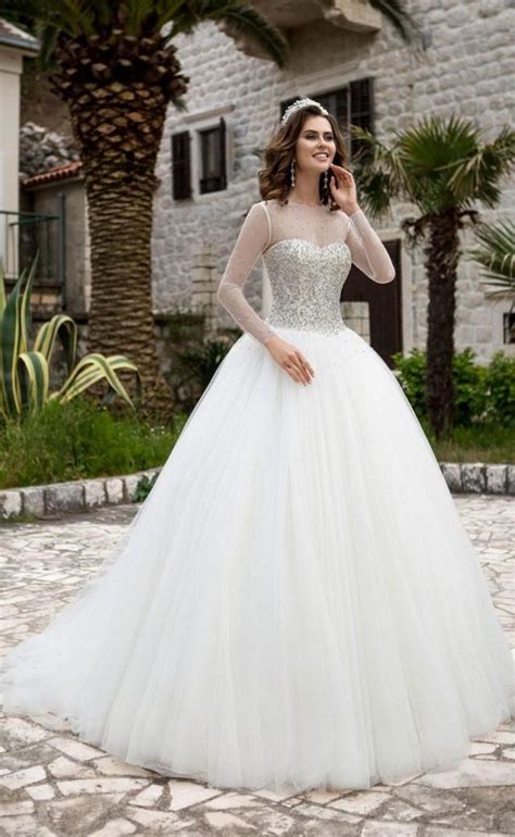 2017 New Arrival Sheer Long Sleeve A Line Wedding Dresses Luxury Beaded Pearls Tulle Wedding ...