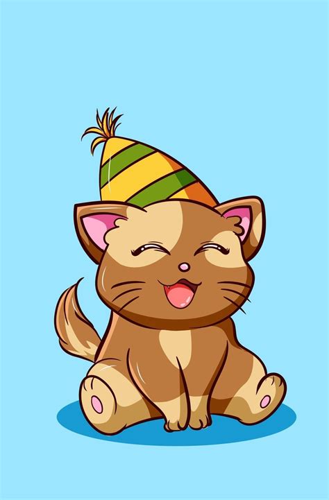 Happy and kawaii cat wearing birthday hat, animal cartoon illustration ...