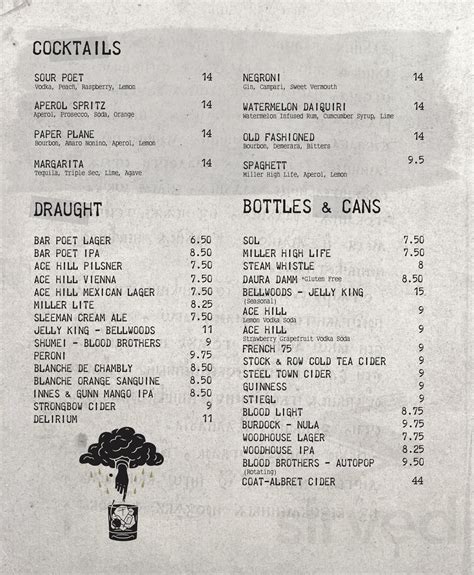 Bar Poet menu in Toronto, Ontario, Canada