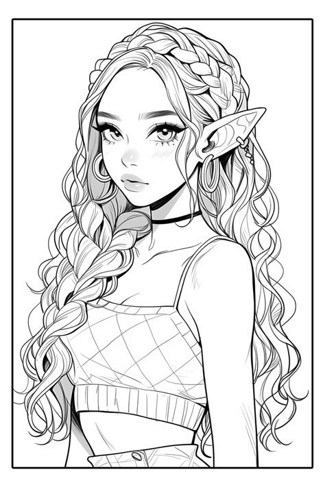 a girl with long hair and braids is shown in black and white coloring pages