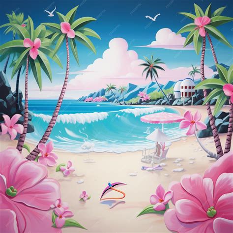 Painting of a beach scene with pink flowers and a bird generative ai | Premium AI-generated image