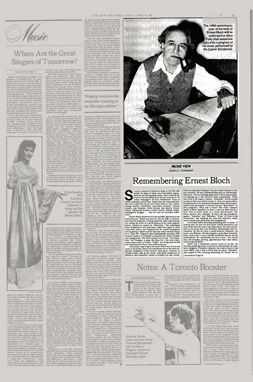 MUSIC VIEW; Remembering Ernest Bloch MUSIC VIEW Recalling Ernest Bloch ...