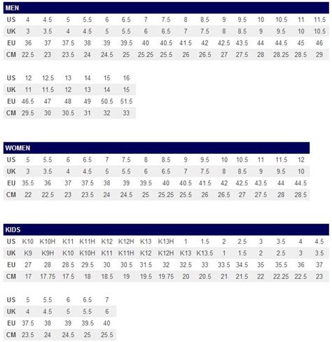 Asics Size Chart – Frontrunner Colombo