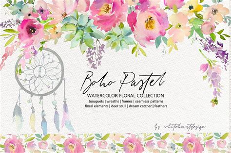 Boho Pastel Watercolor Flowers Set. Pre Designed hop Graphics Creative ...