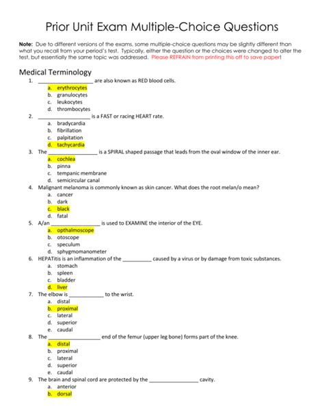 Prior Unit Exam Multiple-Choice Questions Note: Due to different