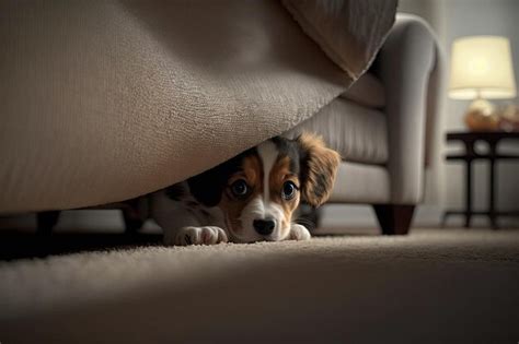 Premium Photo | At home a cute puppy dog is hiding under the sofa