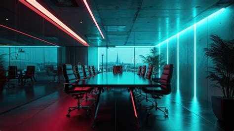 Conference Table with Blue Neon Lighting in the Office Stock ...