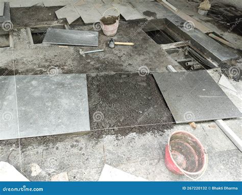 Installation of Granite Tiles on the Floor. Stock Photo - Image of floor, construction: 267220132