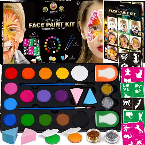 Face Paint Kit for Kids - 60 Jumbo Stencils, 15 Large Water Based Paints, 2 Glitters - Halloween ...