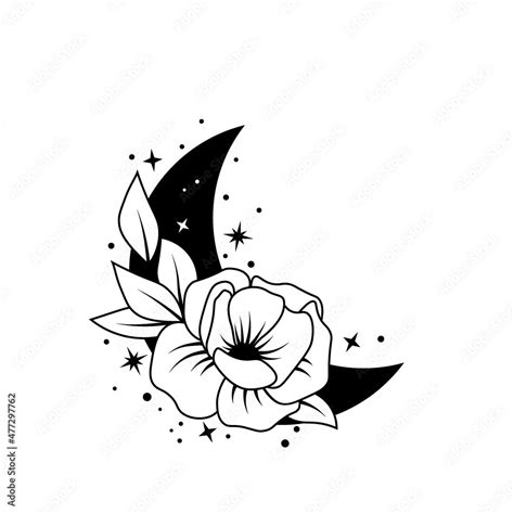 Black and white boho moon and rose flower with stars. Mystical vector ...