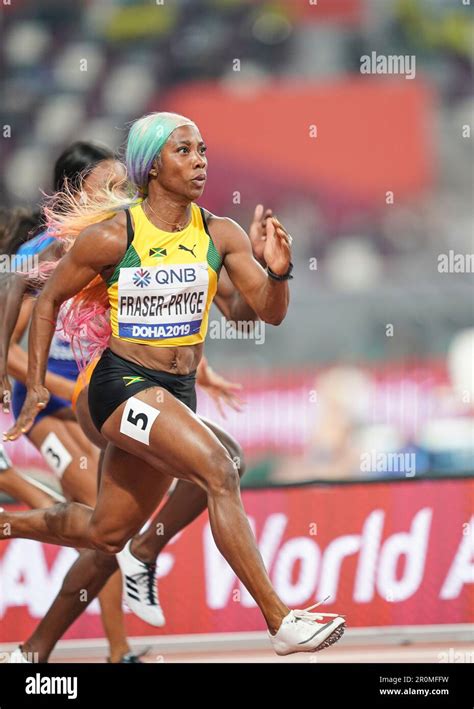 Shelly-Ann Fraser-Pryce running the 100m at the 2019 World Athletics ...