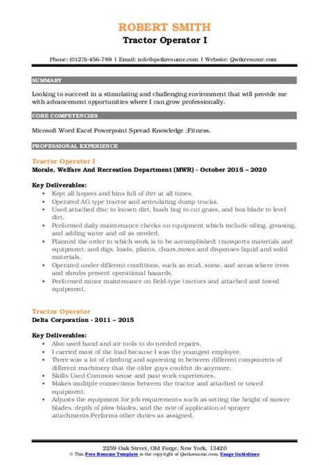 Tractor Operator Resume Samples | QwikResume