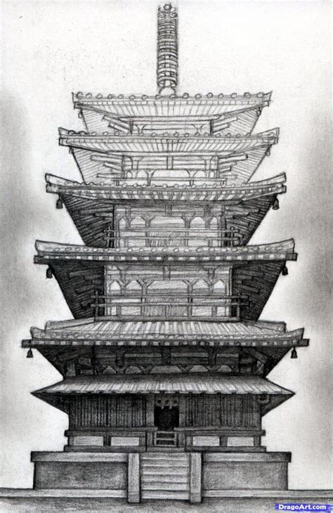 how to draw a pagoda, japanese pagoda step 19 | Japanese pagoda, Japanese buildings, Traditional ...