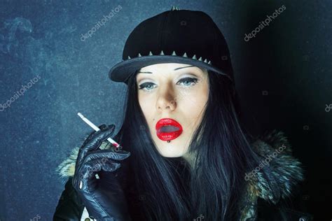 Red lipstick. Cigarette smoke. Girl smokes. ⬇ Stock Photo, Image by © pti4ka #39864629