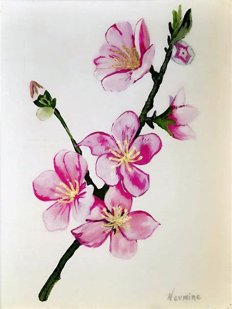 Pink Flowers Branch Painting by Nermine Hanna