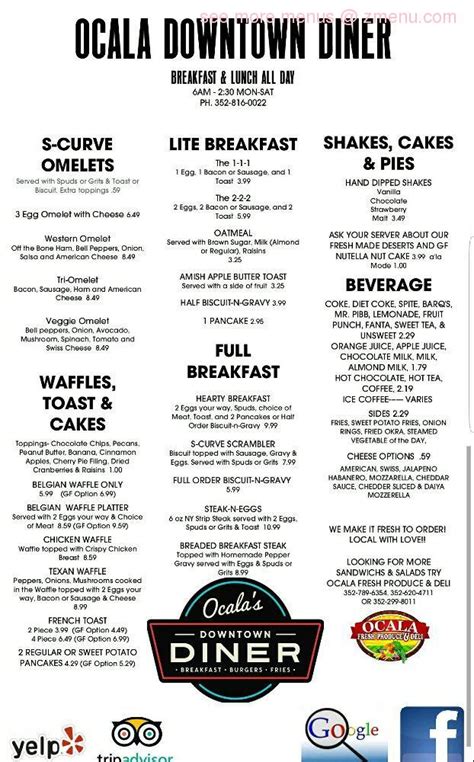 Menu at Ocala Downtown Diner restaurant, Ocala