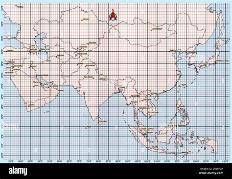 Asia Map Geographic Coordinates latitude and longitude German language Stock Photo - Alamy