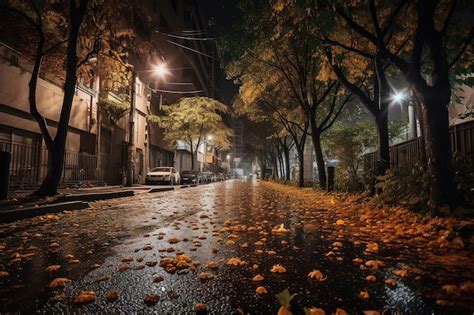 Premium AI Image | A street in the rain with a street light and leaves ...