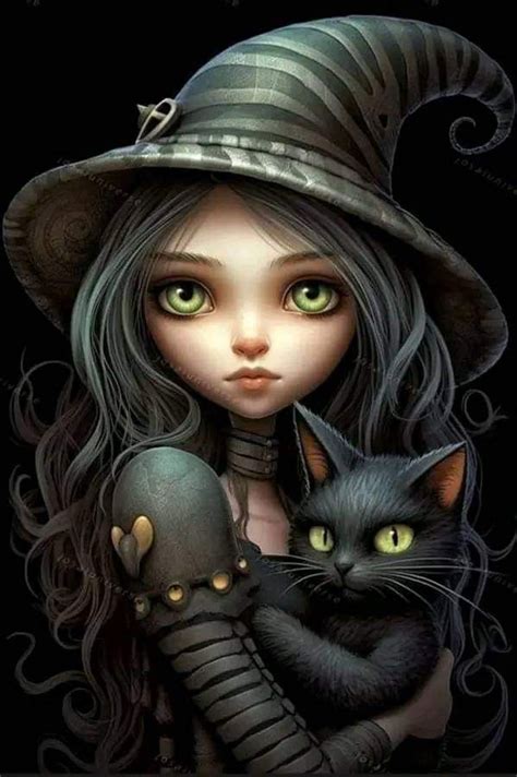 a woman holding a black cat with green eyes and a hat on her head, in front of a black background